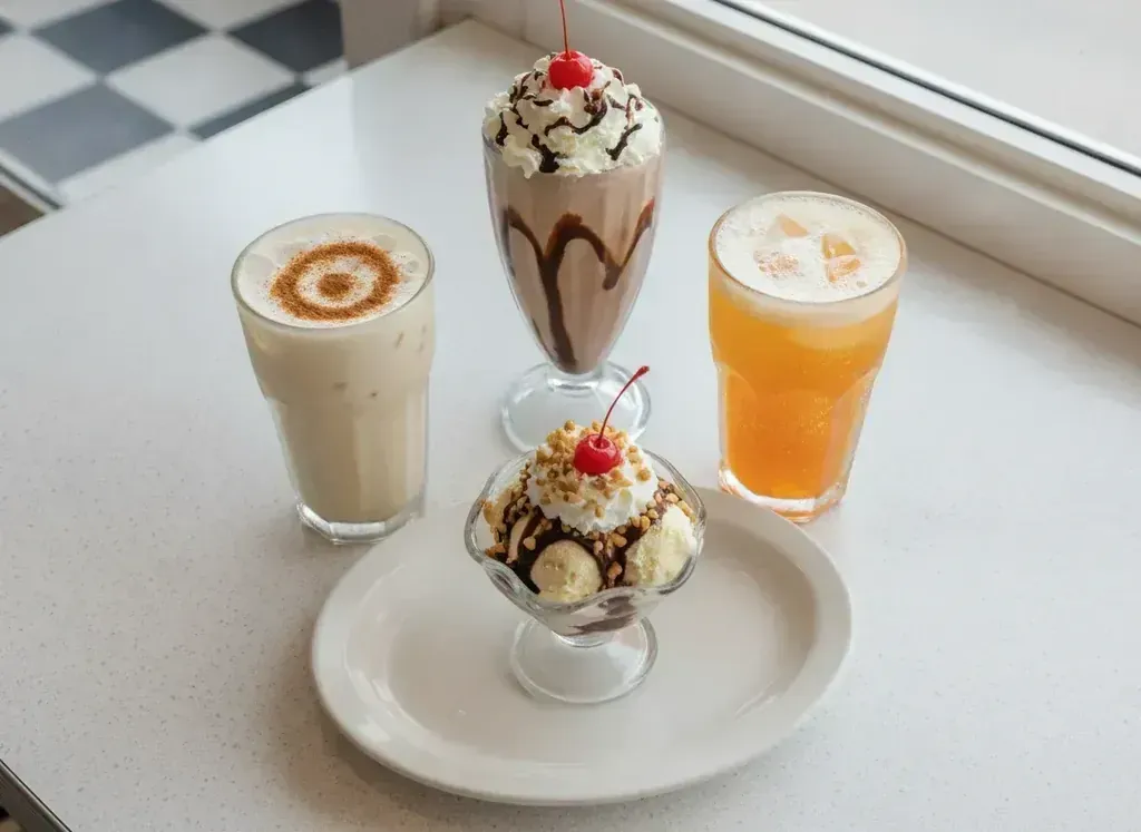 A chocolate milkshake, a sundae, and an orange drink on the counter at Harry's Cafe, Katella Ave, Stanton, CA