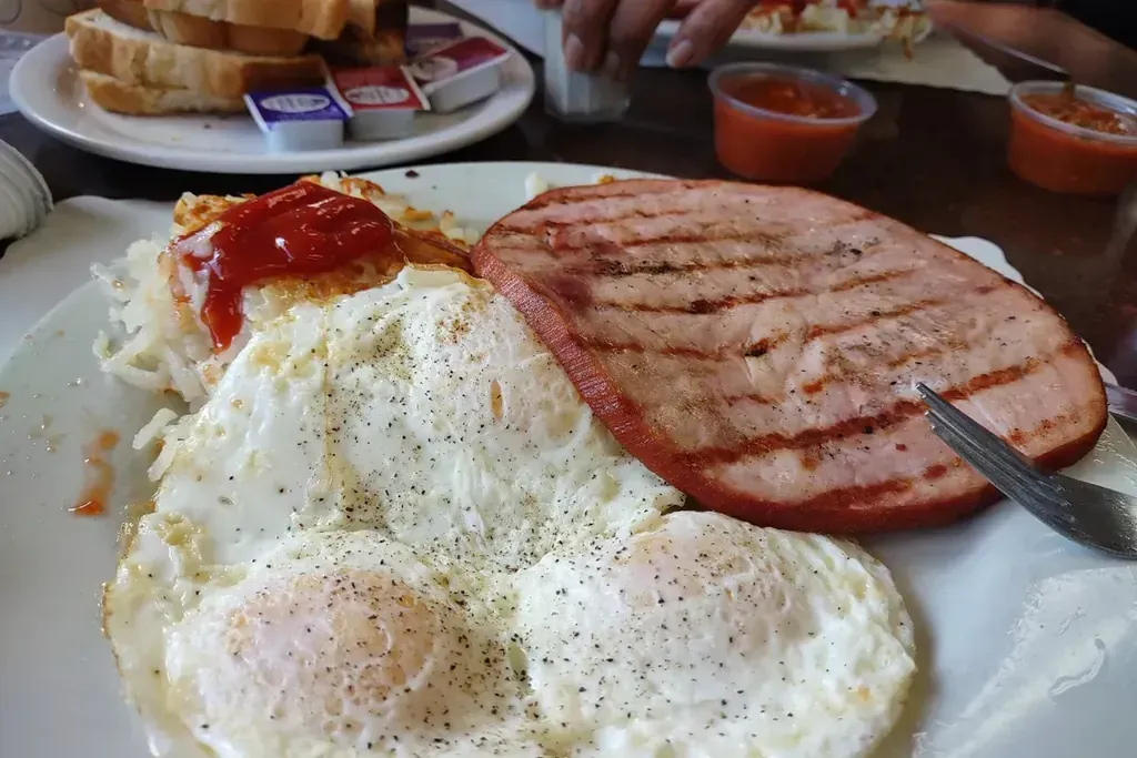 Ham and eggs with a side of salsa at Harry's Cafe, Katella Ave, Stanton, CA