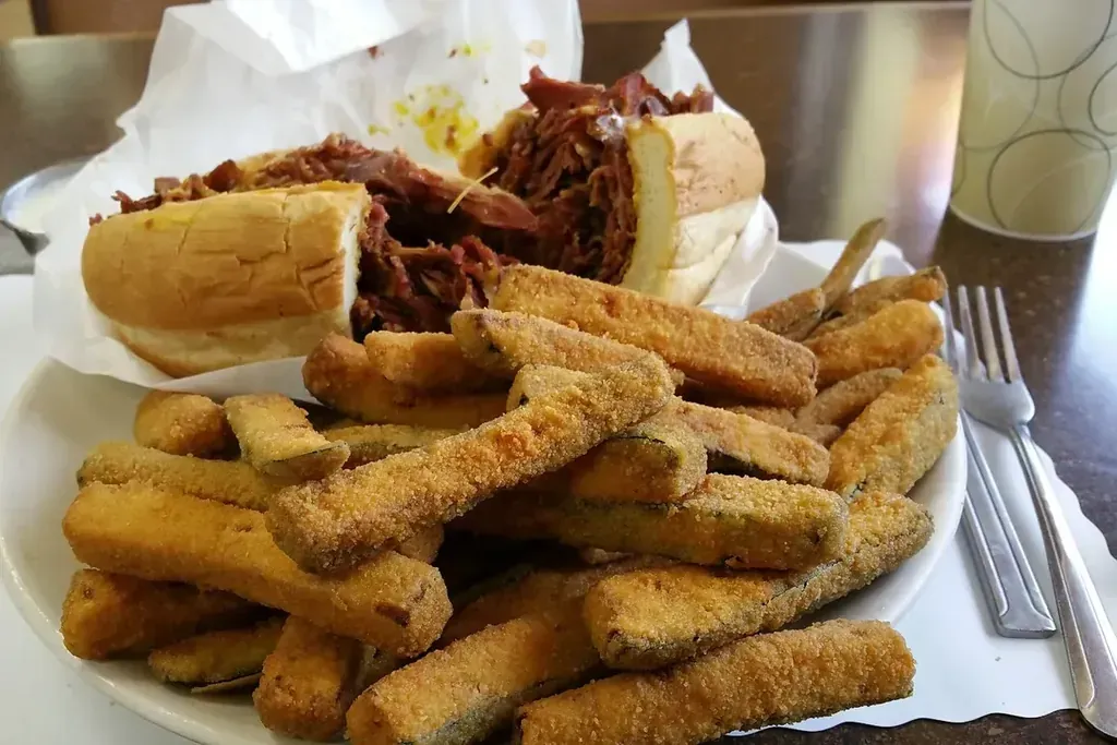 A pastrami sandwich with fried zucchini at Harry’s Cafe, Katella Ave, Stanton, CA.