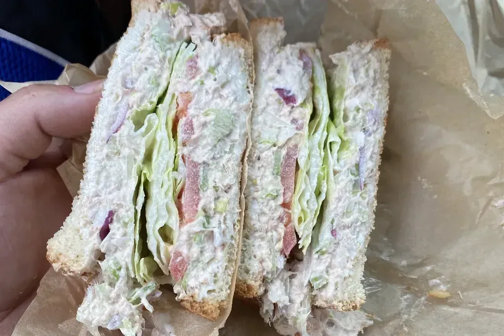 A tuna sandwich cut in half at Harry's Cafe, Katella Ave, Stanton, CA