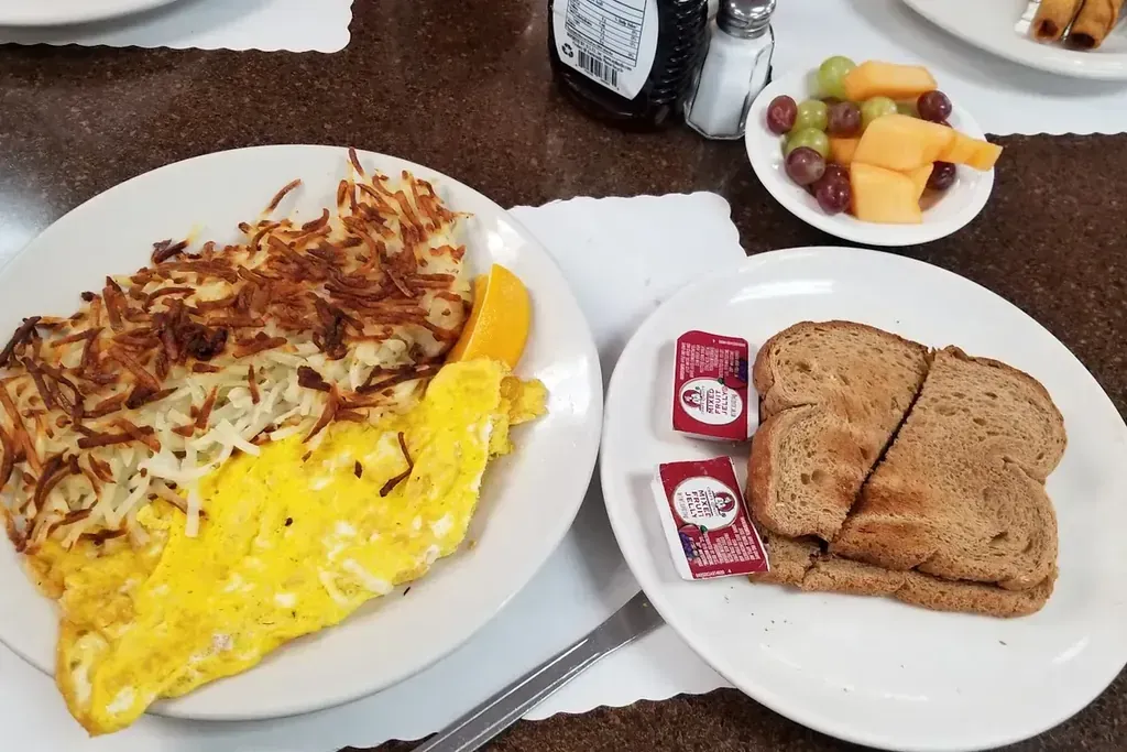 An omelette with hash browns and wheat toast at Harry's Cafe, Katella Ave, Stanton, CA