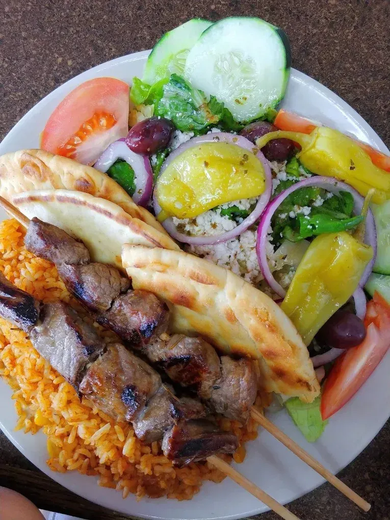 A beef kebob plate with rice, pita and Greek salad at Harry's Cafe, Katella Ave, Stanton, CA