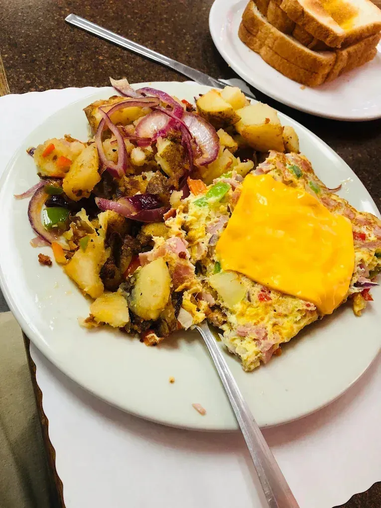 An omelette with home fries and toast at Harry's Cafe, Katella Ave, Stanton, CA