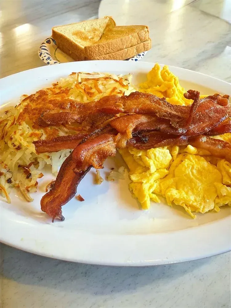 Bacon, scrambled eggs and hash browns with toast at Harry's Cafe, Katella Ave, Stanton, CA