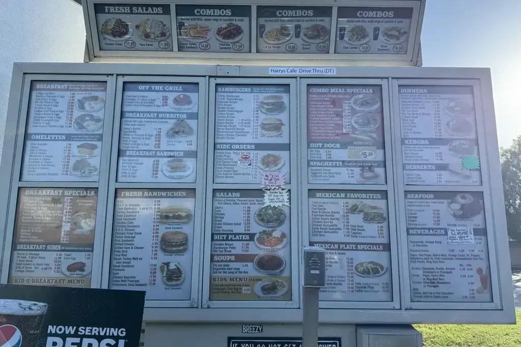 The drive-thru menu board at Harry’s Cafe, Katella Ave, Stanton, CA.