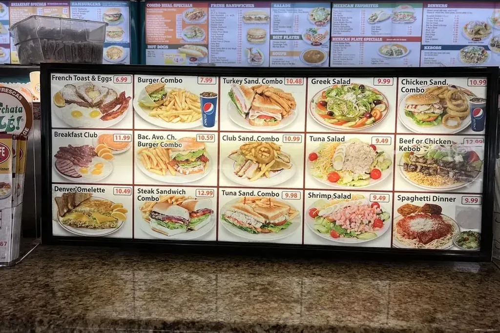 The lunch menu screen with photos of every plate at Harry's Cafe, Katella Ave, Stanton, CA