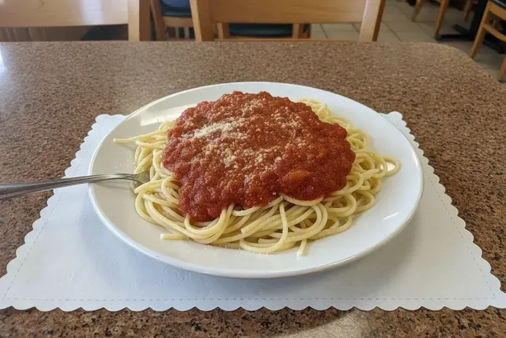 A plate of spaghetti with meat sauce at Harry's Cafe, Katella Ave, Stanton, CA