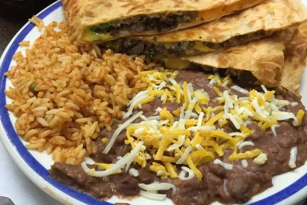 A carne asada quesadilla with rice and beans at Harry’s Cafe, Katella Ave, Stanton, CA.