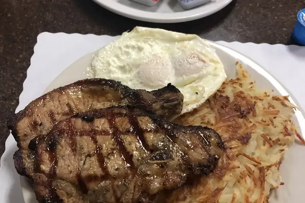 Steak and eggs with hash browns and toast at Harry's Cafe, Katella Ave, Stanton, CA